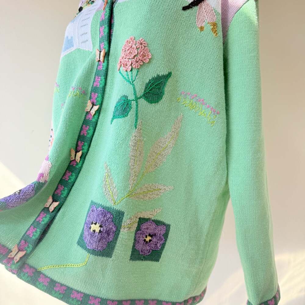 Vintage Storybook Butterfly and Floral Garden Knit Cardigan Sweater - Picture 10 of 15
